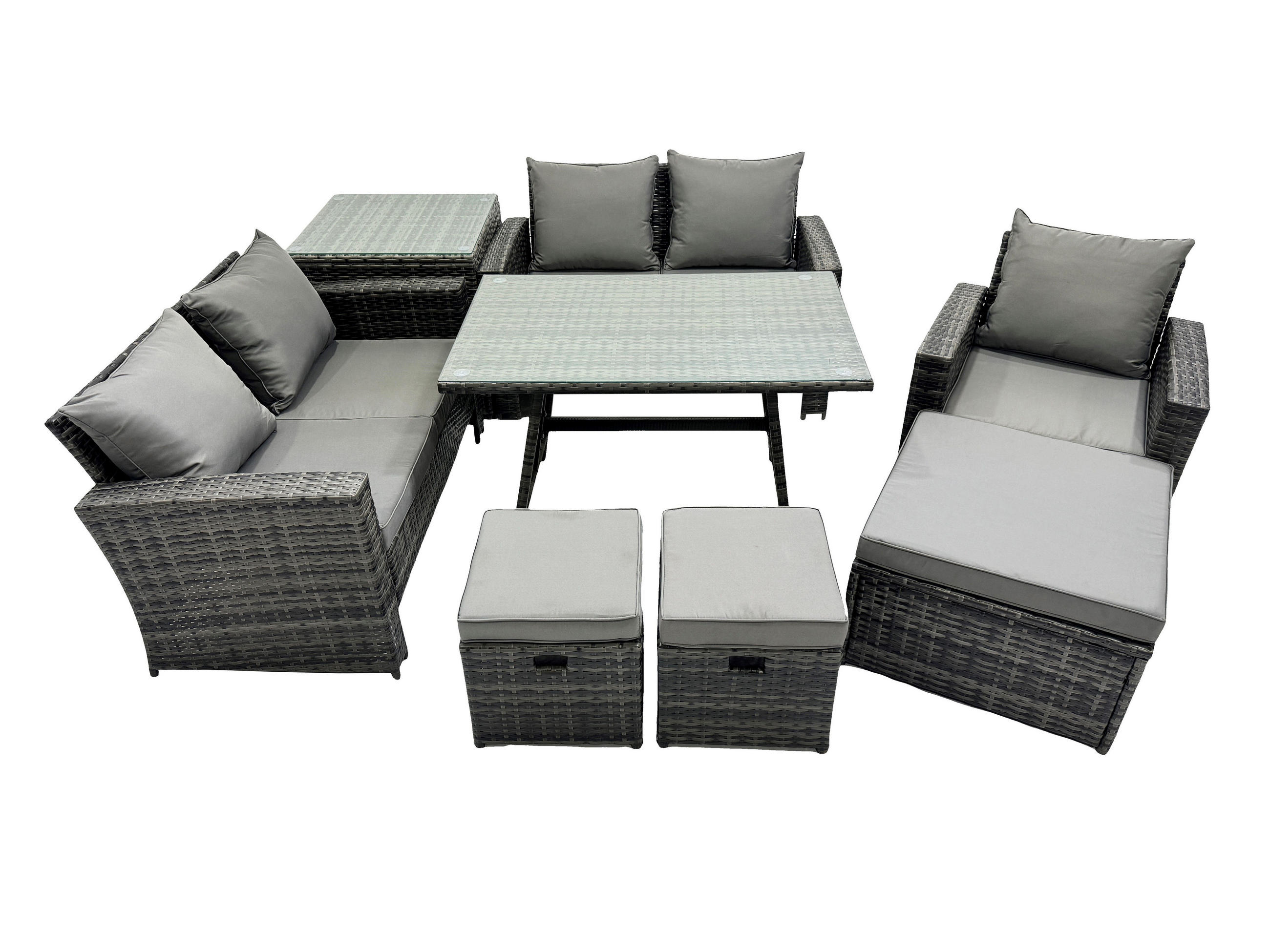 GARTENMÖBELSET mit ESSTISCH,HOCHLEHNER-SOFA Polyrattan Dunkelgrauer Mix 8-Sitzer - Dunkelgrau/Grau, Glas/Kunststoff - Fimous