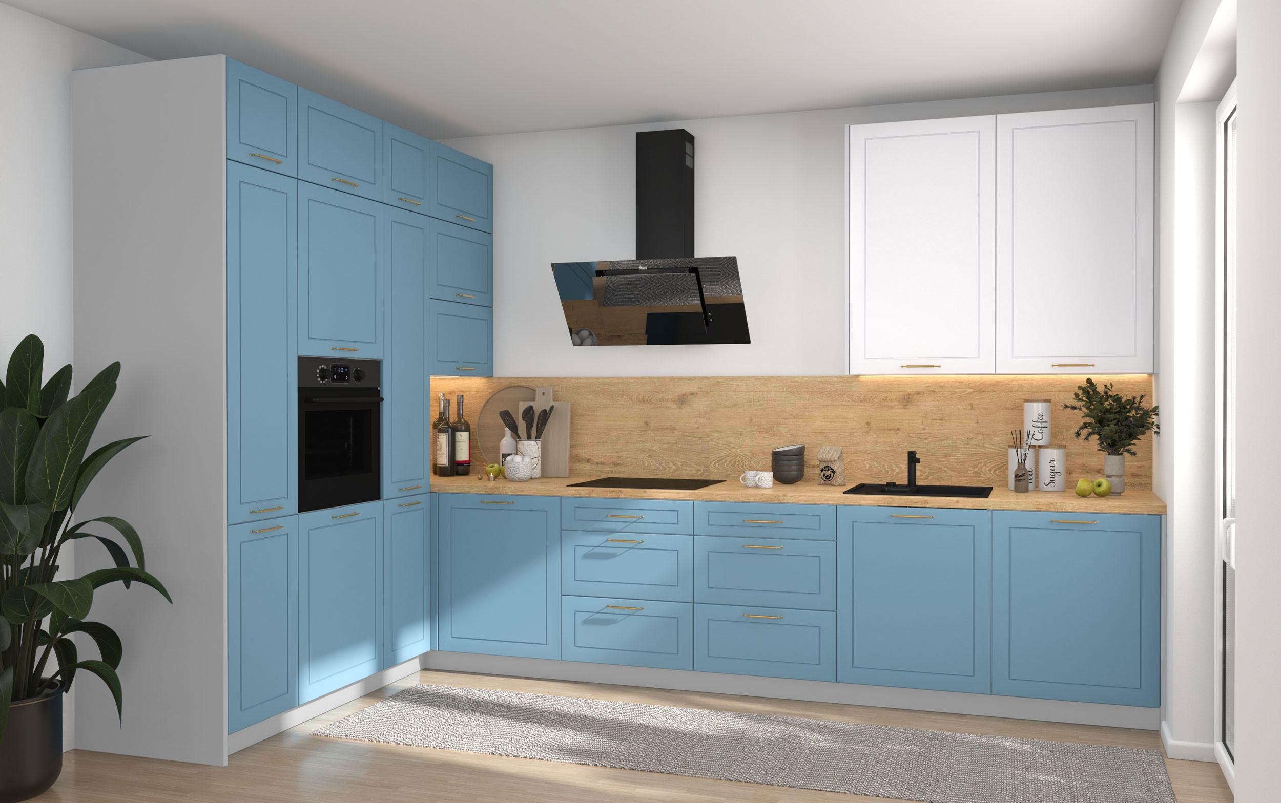 L-FORM KÜCHENZEILE Bari (16-tlg) Grau / Pastellblau - Signalweiß - Blau, Holzwerkstoff/Metall (347/243/202cm) - Feldmann-Wohnen