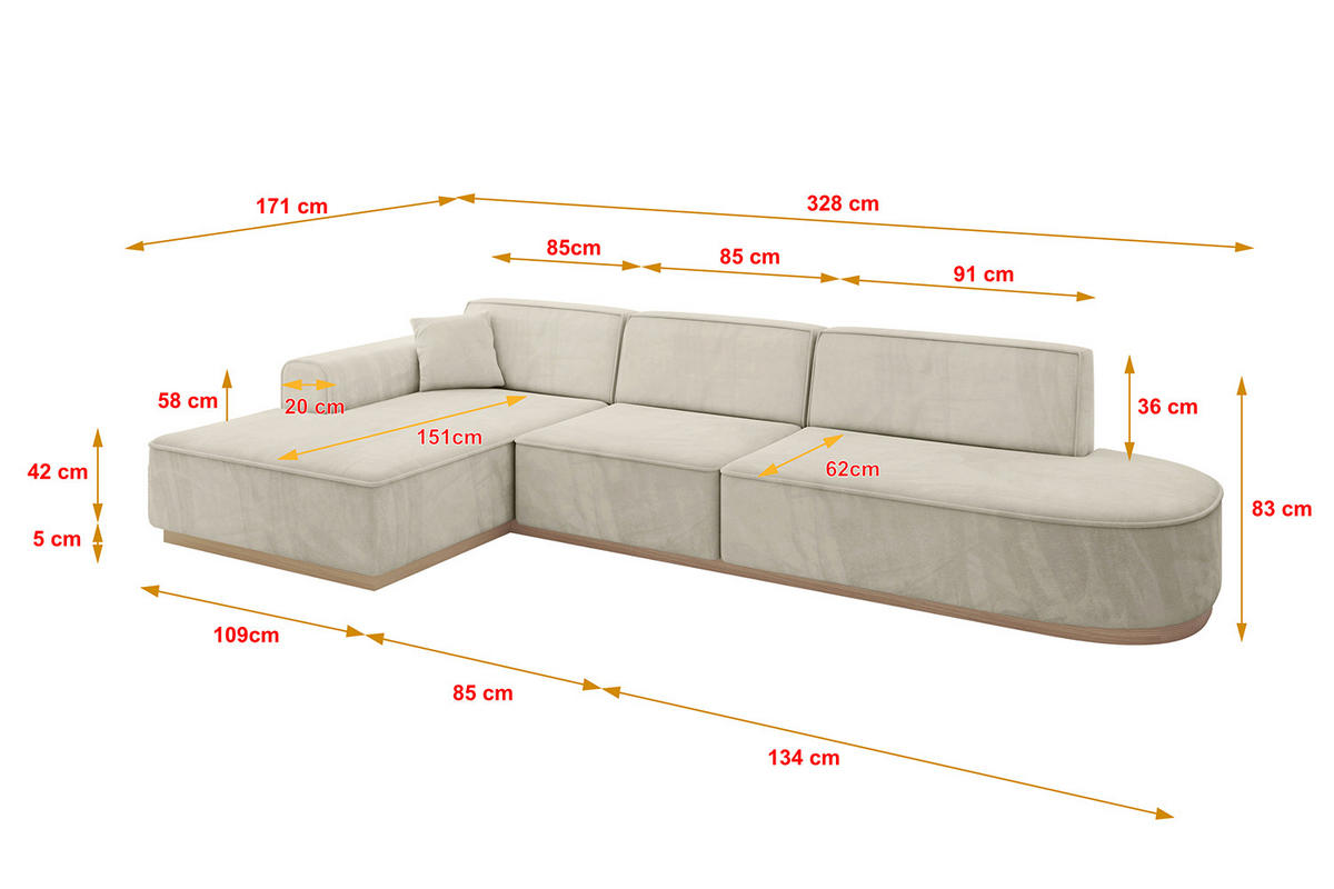 ECKSOFA Ottomane Links IREA-L2 - 328x171x83 cm Dunkelgrau - Ecru, Holzwerkstoff/Textil (328/171cm) - ALTDECOR
