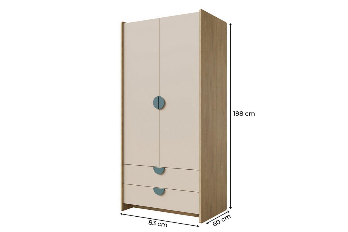 KINDERKLEIDERSCHRNAK LEXO 02 83/198/60 cm in Eiche Cremona/Macadamia/Meeresblau - Blau/Eichefarben, Holzwerkstoff (83/198/60cm) - Deine Möbel 24