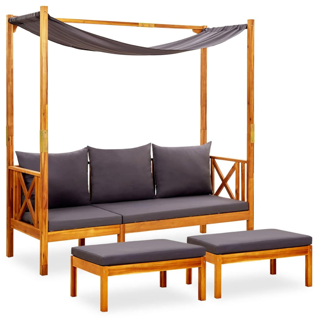 GARTENBANK mit Sonnendach und Fußhockern Massivholz Akazie - Braun, Holz (179/180/66cm) - furnicato