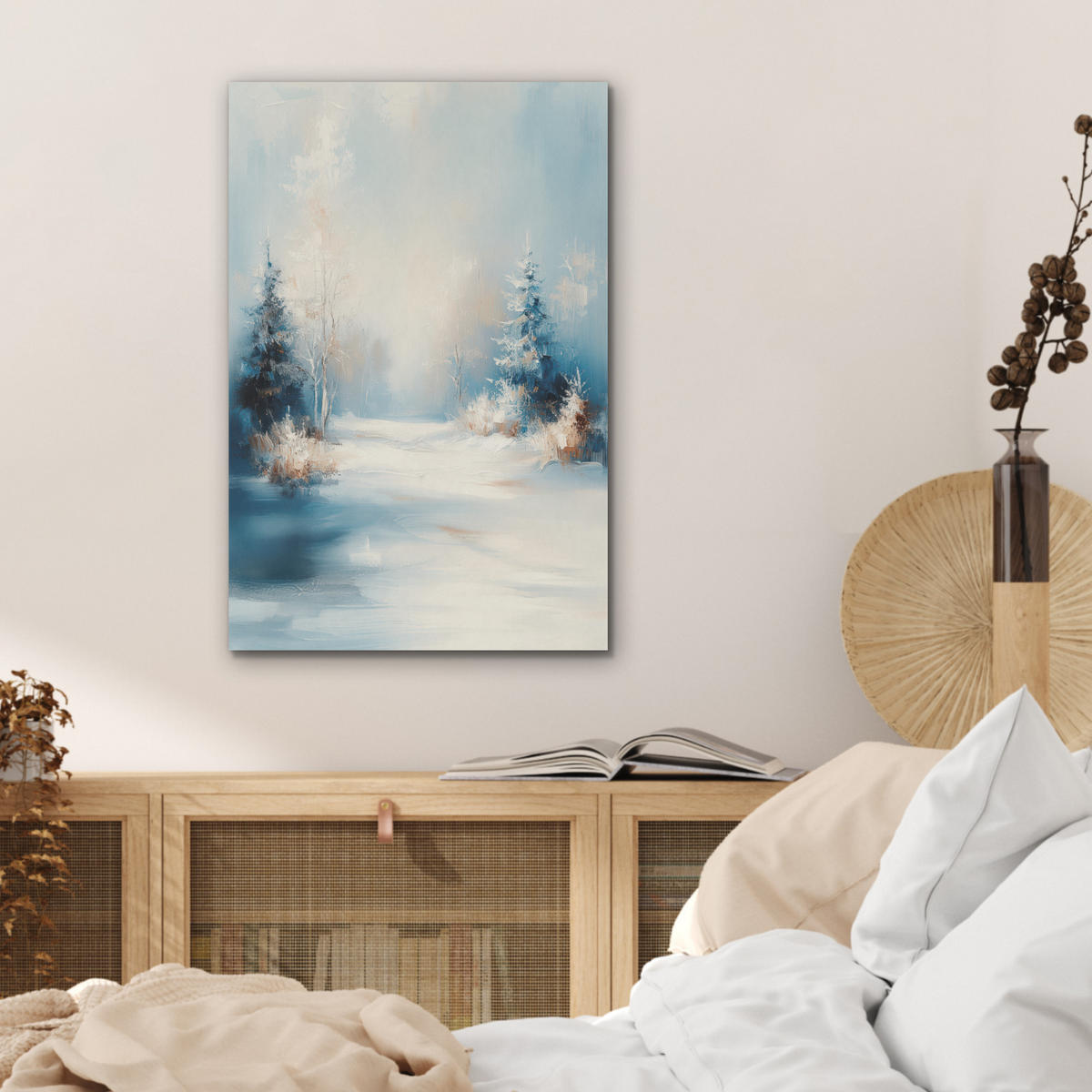 AKUSTIKBILD Wald - Winter - Natur - Abstrakt - Schnee Kunstdruck Schlafzimmer 50x70 cm - Weiß, Kunststoff (50/70/0.9cm) - MuchoWow