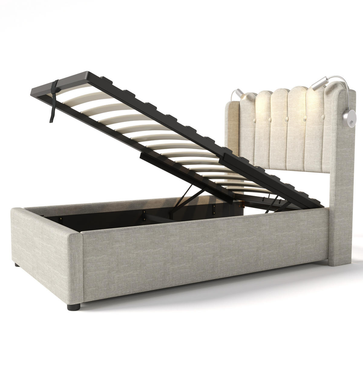 POLSTERBETT 90/200 cm Beige mit Leselicht und Ladefunktion Mit Matratze - Beige, Textil (90/200cm) - OKWISH