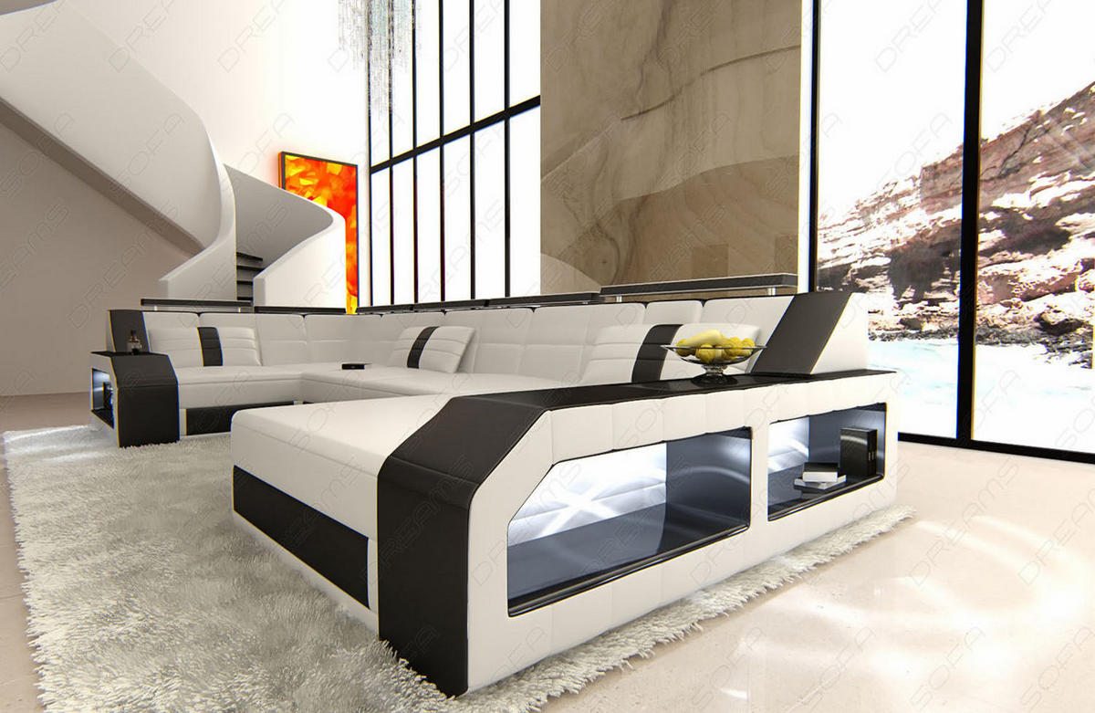 WOHNLANDSCHAFT Arezzo U - Schwarz/Weiß, Leder (380/86/197cm) - Sofa Dreams