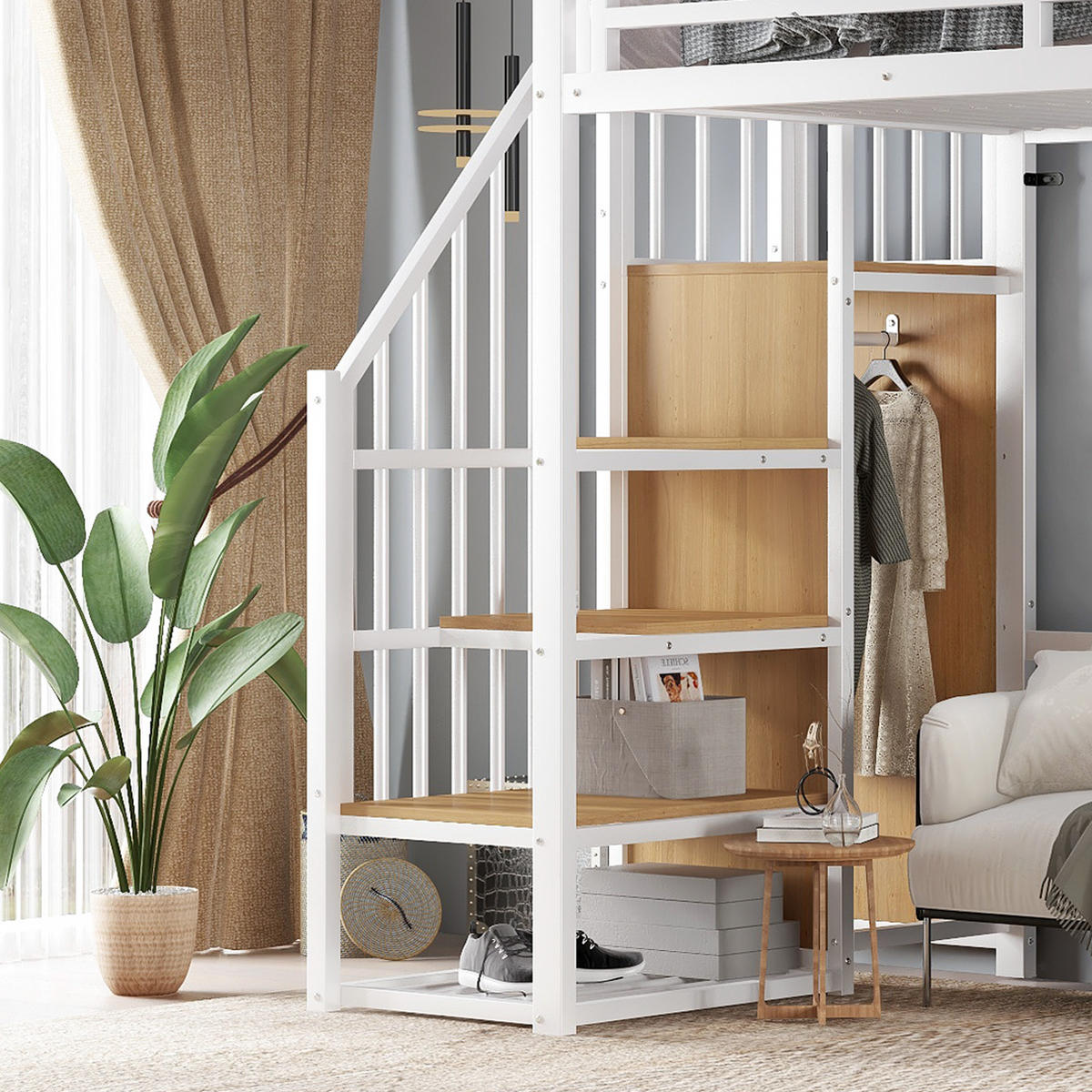 HOCHBETT 90/200 cm Weiß-Natur mit Sicherheitsgeländer und Eckleiterschrank aus Eisen und MDF - Weiß, Metall (90/200cm) - OKWISH