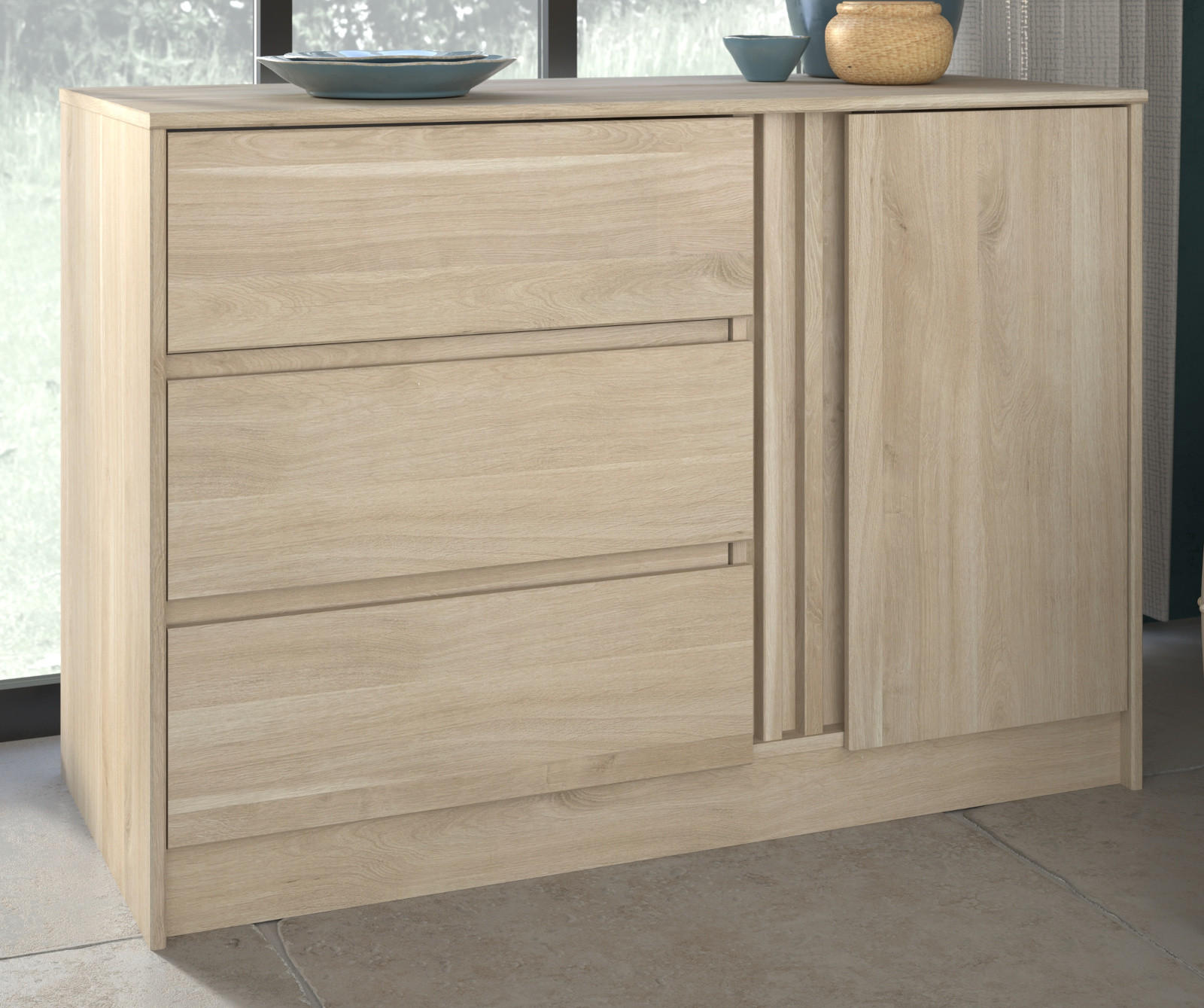 KOMMODE Eiche japanisch 110 cm, Sideboard mit 3 Schubladen - Eichefarben, Holzwerkstoff (110/77/50cm) - Parisot Meuble
