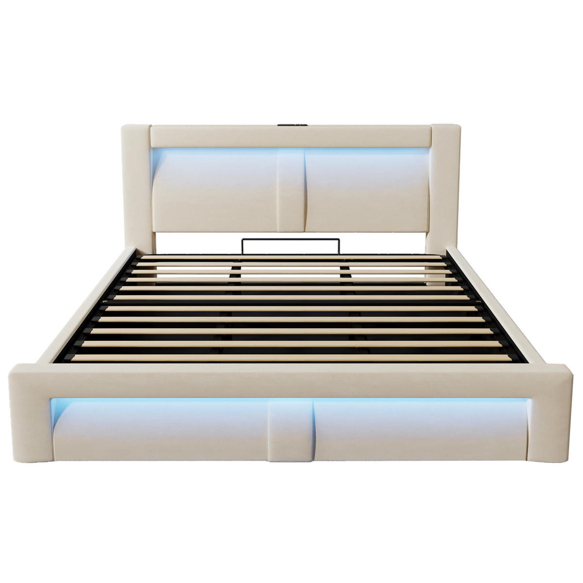 POLSTERBETT aus Samt 180x200 cm Beige mit hydraulischem Bettkasten, LED-Beleuchtung und USB/USB-C-Anschlüssen - Beige, Textil (180/200cm) - IVMEU