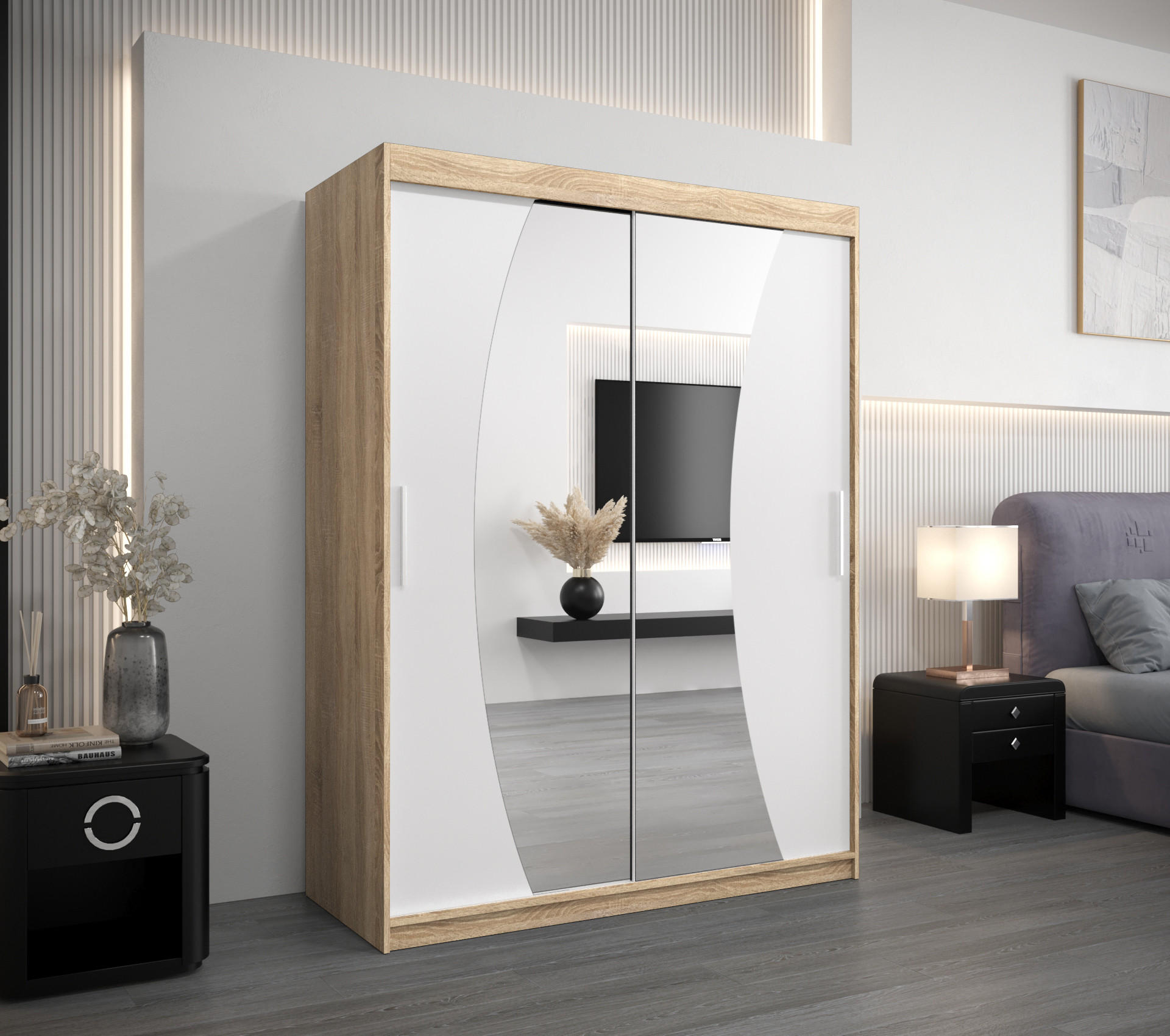 SCHWEBETÜRENSCHRANK 200/150/62 2-türig - Silberfarben/Weiß, Holz/Kunststoff (150/200/62cm) - Abiks Möbel