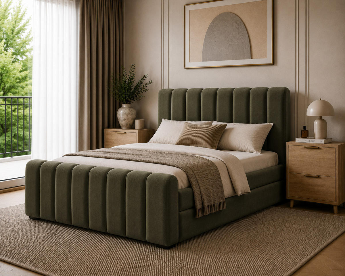 BOXBETT 01 BIS 160 x 200 cm - Vibe - Modernes Polsterbett mit Bettkasten inkl. PU-Schaum-Topper und Federmechanismus - Olivgrün, Holz (160/200cm) - ROYAL24_MARKT