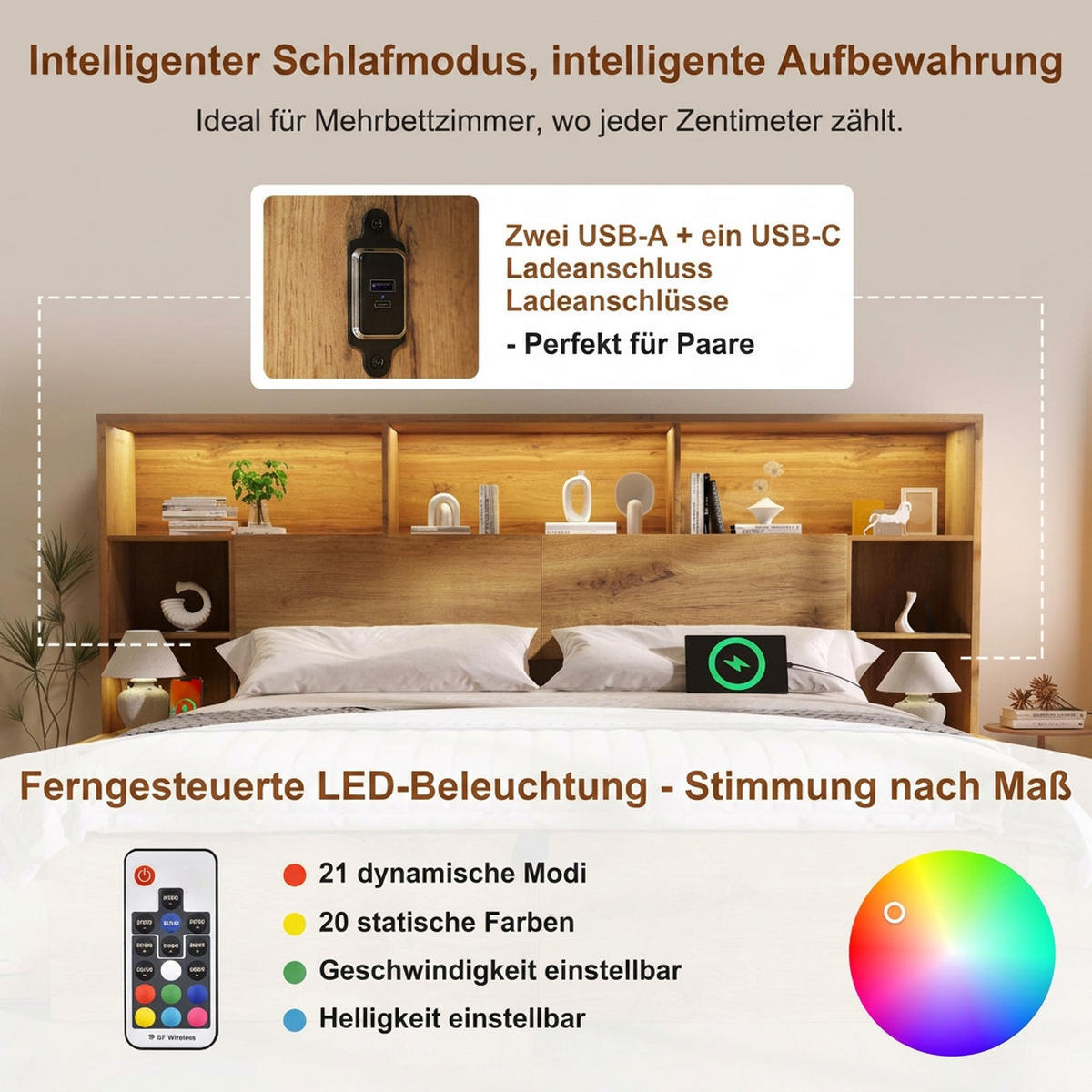 POLSTERBETT 180/200 cm Eiche mit integrierten Nachttischen, LED und USB-C, Ohne Matratze - Eichefarben, Holz (180/200cm) - Oxeza