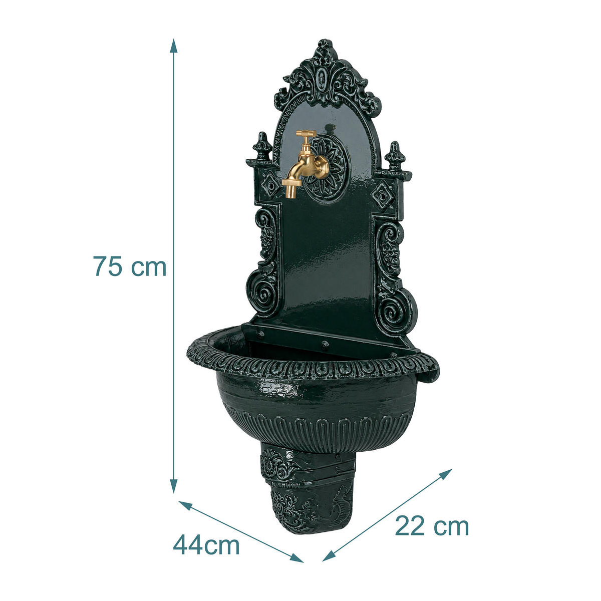 FONTÁNA Zelená nástěnná antik hliníkový odlitek 75 cm - zelená barva, kov (22/44/75cm) - Relaxdays