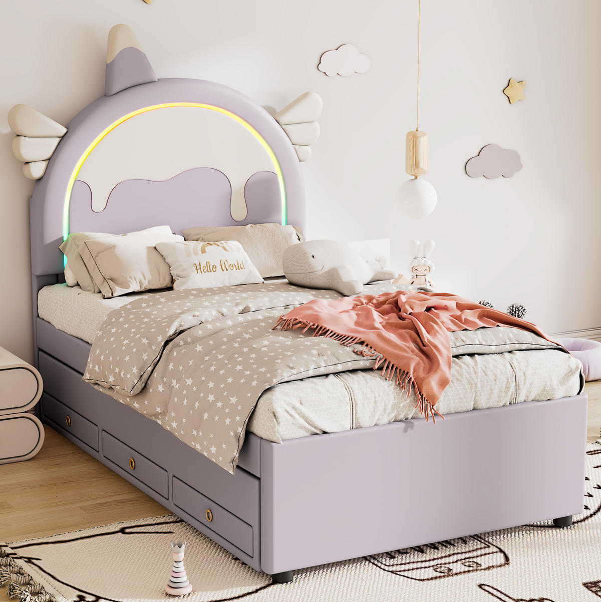 KINDERBETT 90/200 cm mit ausziehbarem Rollbett und Schubladen, Einhorn-Design aus PU, Violett - Violett, Kunststoff (90/200cm) - Redom