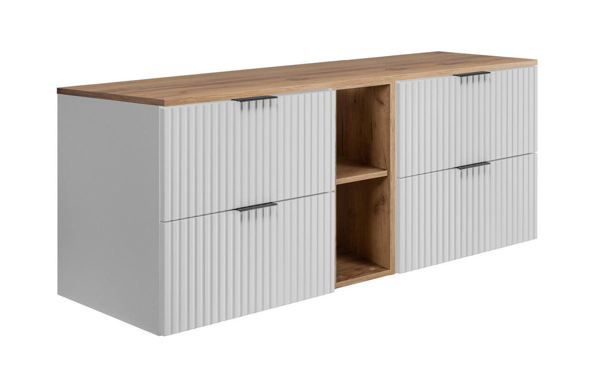 BADEZIMMERSCHRANK, Weiß / Gold Craft Eiche, Schwarze Griffe, 140 x 57 x 46 cm - Eichefarben/Schwarz, Holzwerkstoff (140/57/46cm) - 3XE LIVING