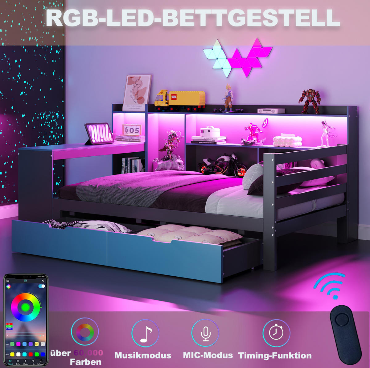POLSTERBETT 90/200 cm mit Schreibtisch, Regalen, LED und USB-Steckdosen, Schwarz/Blau - Schwarz, Holzwerkstoff (90/200cm) - Redom