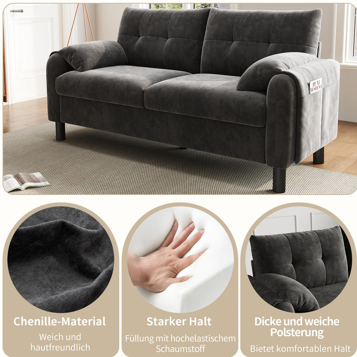 SOFA dvosjed, 158/80/88,5 cm, chenille siva - siva, tekstil (80/88/158cm) - BEAOK