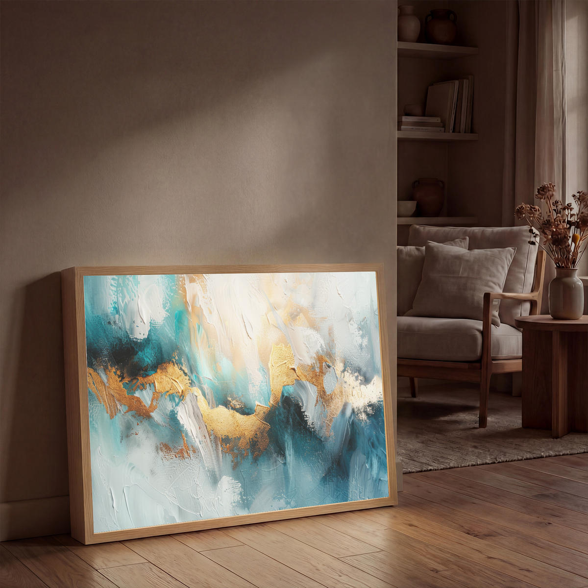 NÁSTĚNNÁ LAMPA S AKUMULÁTOREM Abstraktní - umění - zlatá - modrá 100x70 cm - tyrkysová, kompozitní dřevo (100/70/8cm) - OnlyWow
