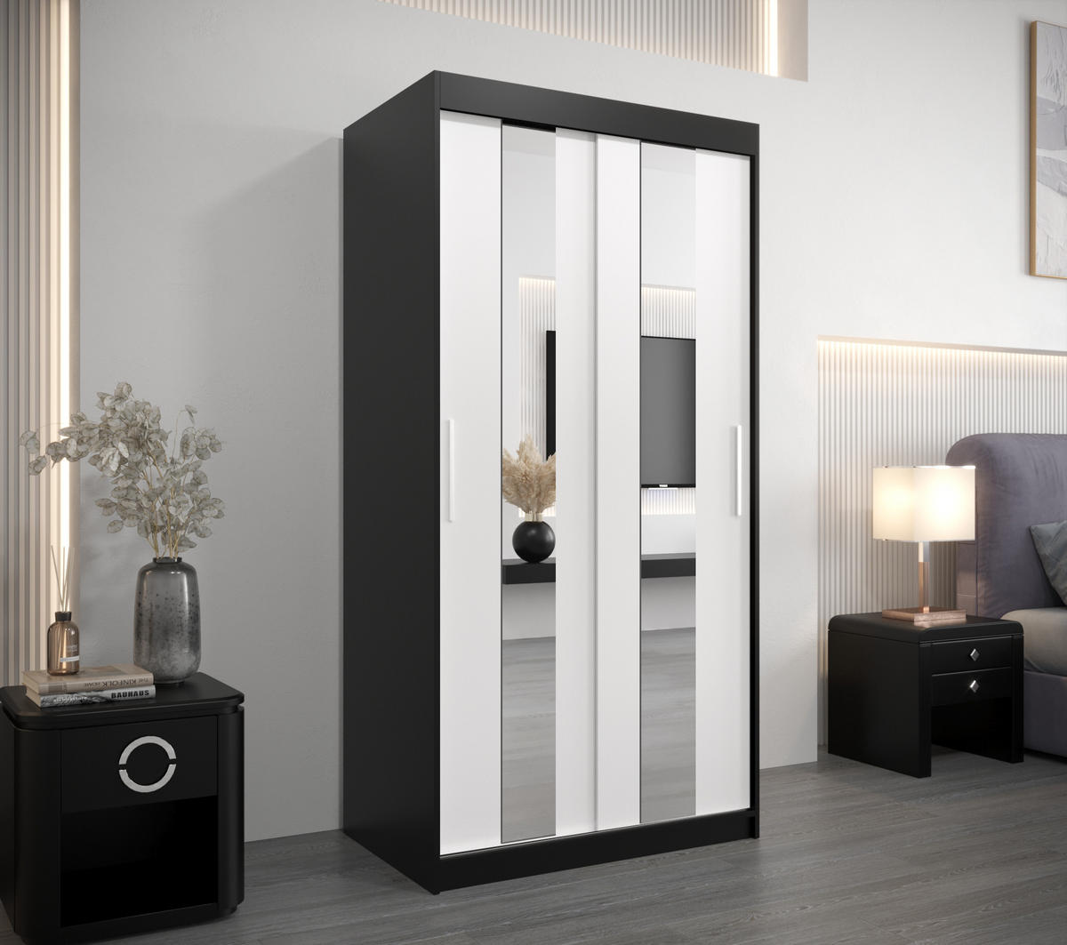 SCHWEBETÜRENSCHRANK 200/100/62 2-türig - Silberfarben/Schwarz, Holz/Kunststoff (100/200/62cm) - Abiks Möbel