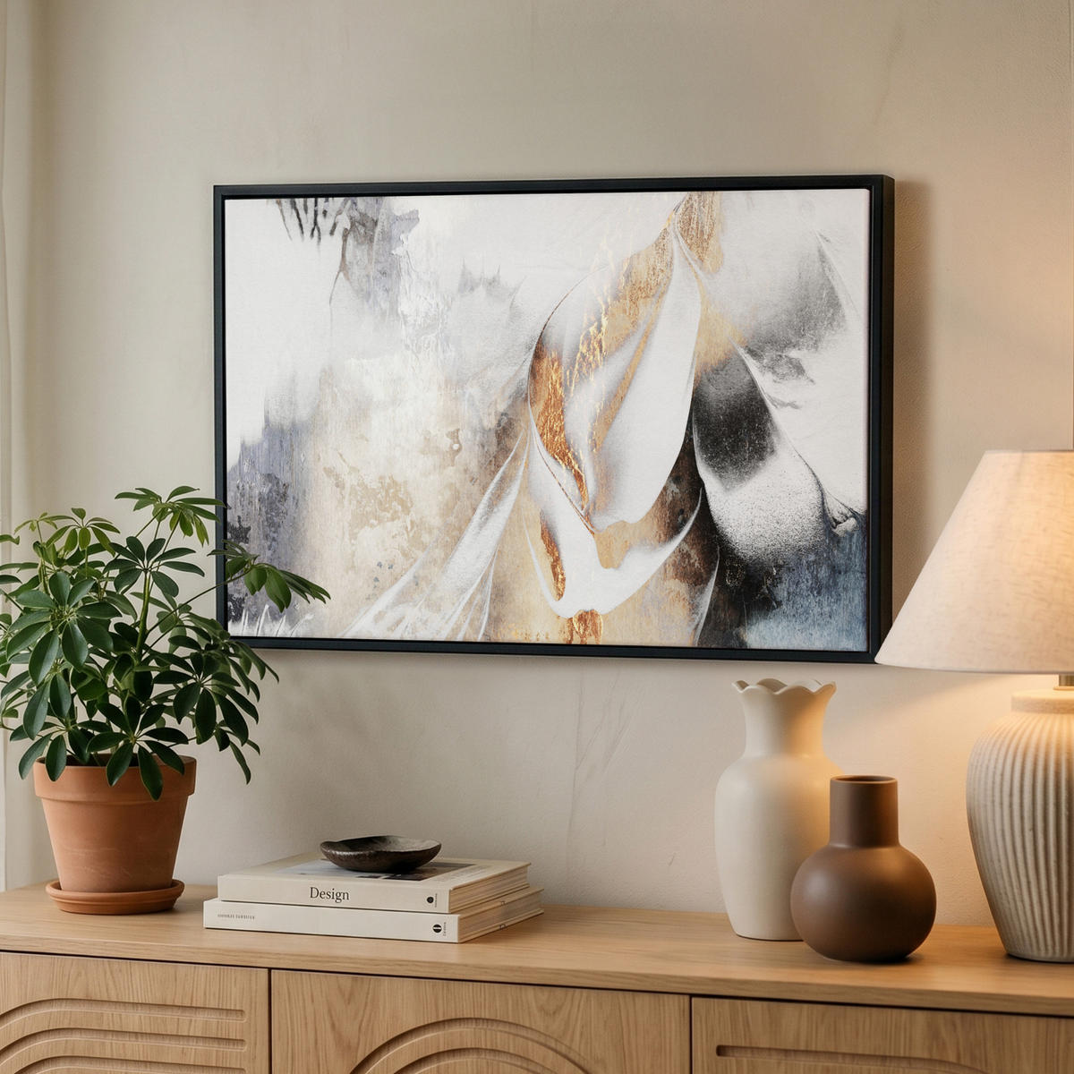 LEINWAND Bilder mit Rahmen - Luxus - Abstrakt - Gold - Weiß - 60x40 - Goldfarben, Textil (60/40cm) - MuchoWow