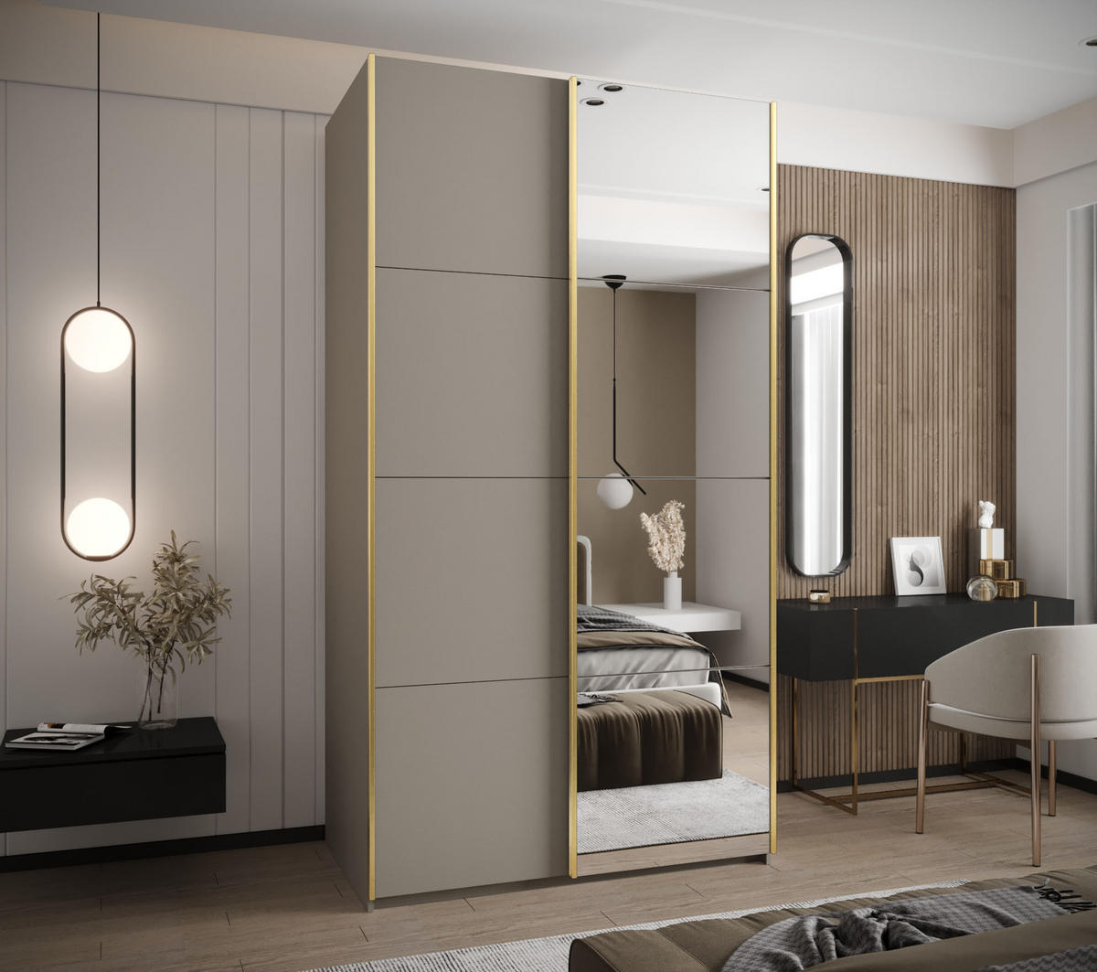 SCHWEBETÜRENSCHRANK 245,5/130/64 2-türig - Kaschmir/Goldfarben, Holz/Metall (130/245/64cm) - Abiks Möbel