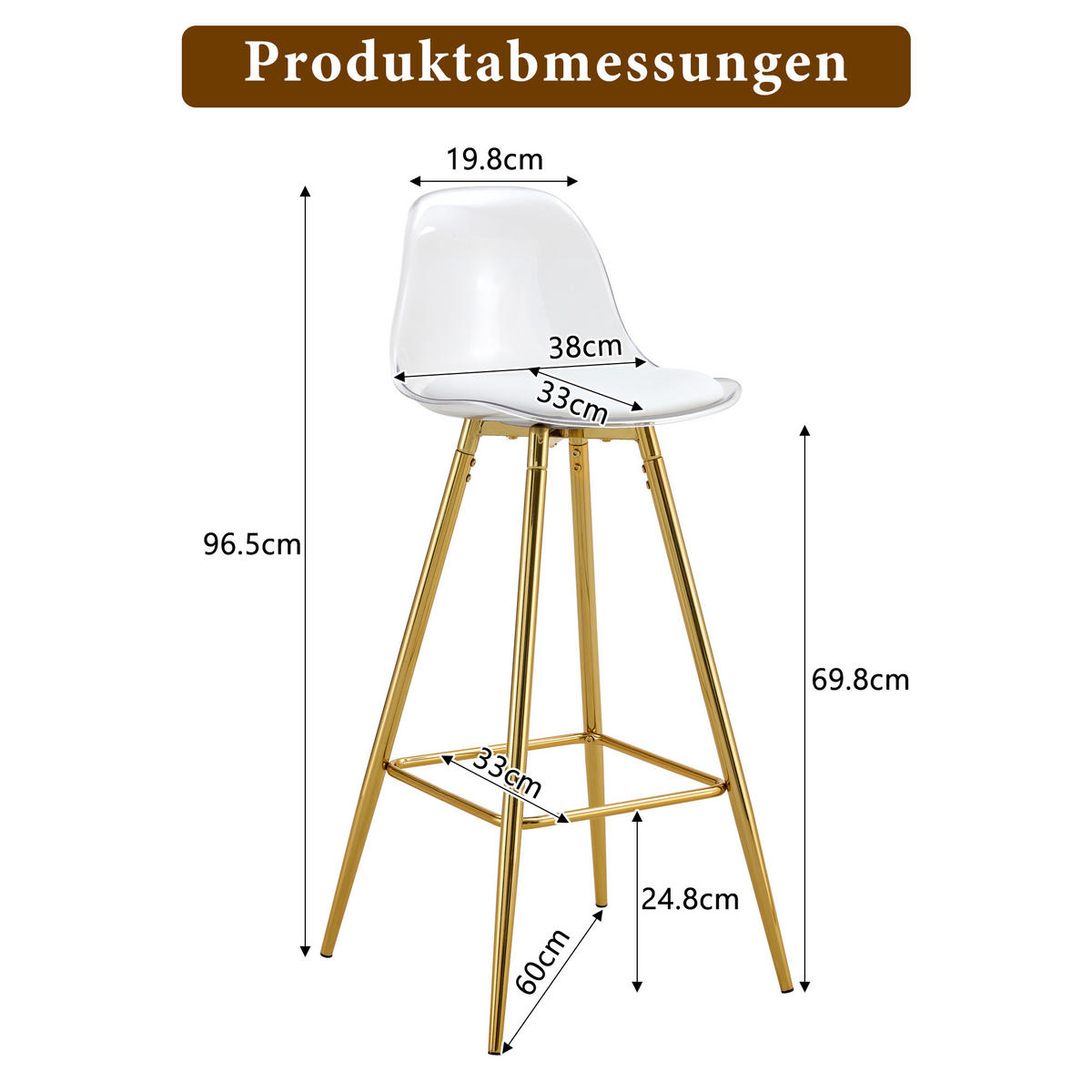 BARHOCKER 2er-Set Gold und Transparent mit Rückenlehne - Goldfarben, Metall (38/96.5/33cm) - PANGIVO