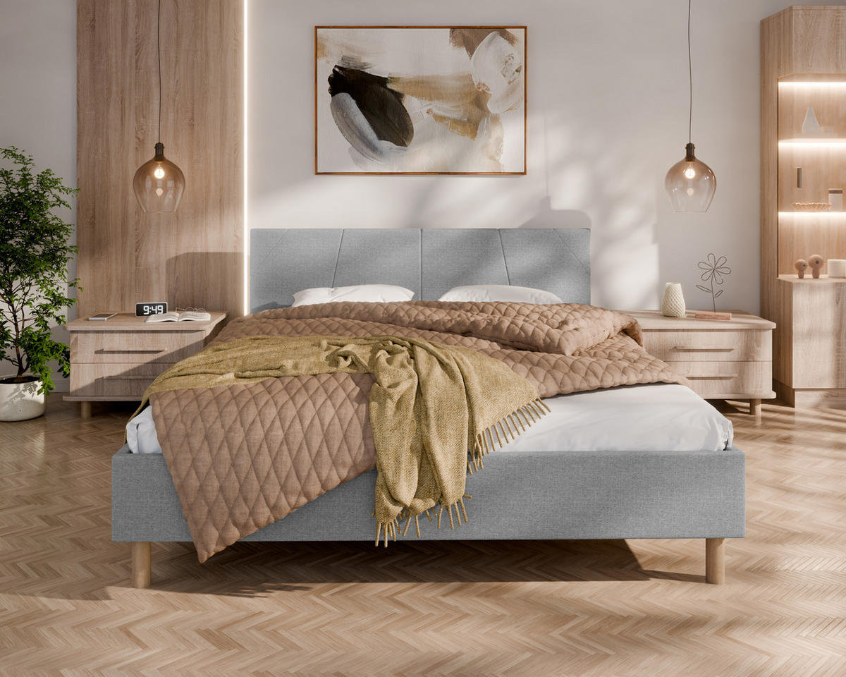 POLSTERBETT ALMORE 160x200cm, 7-Zonen-Taschenfederkernmatratze mit Kokos ARLAN (21 cm), hellgrau-2 - Blaugrau, Holz (160/200cm) - Homesy