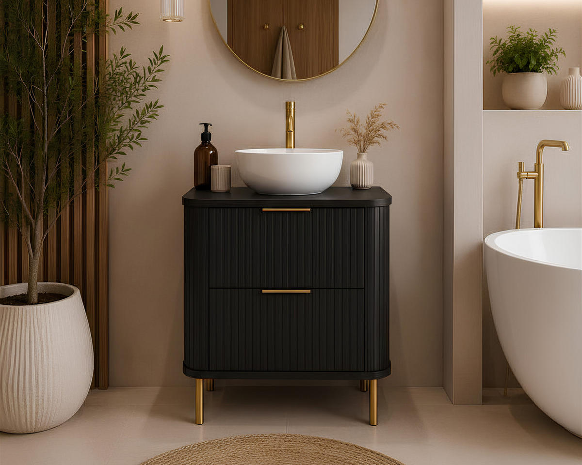 BADEZIMMERSCHRANK : Farbe Schwarz, Griff gold, Füße gold, 60 x 41,5 x 66,7 cm - Goldfarben/Schwarz, Holzwerkstoff (60/66.7/41.5cm) - 3XE LIVING