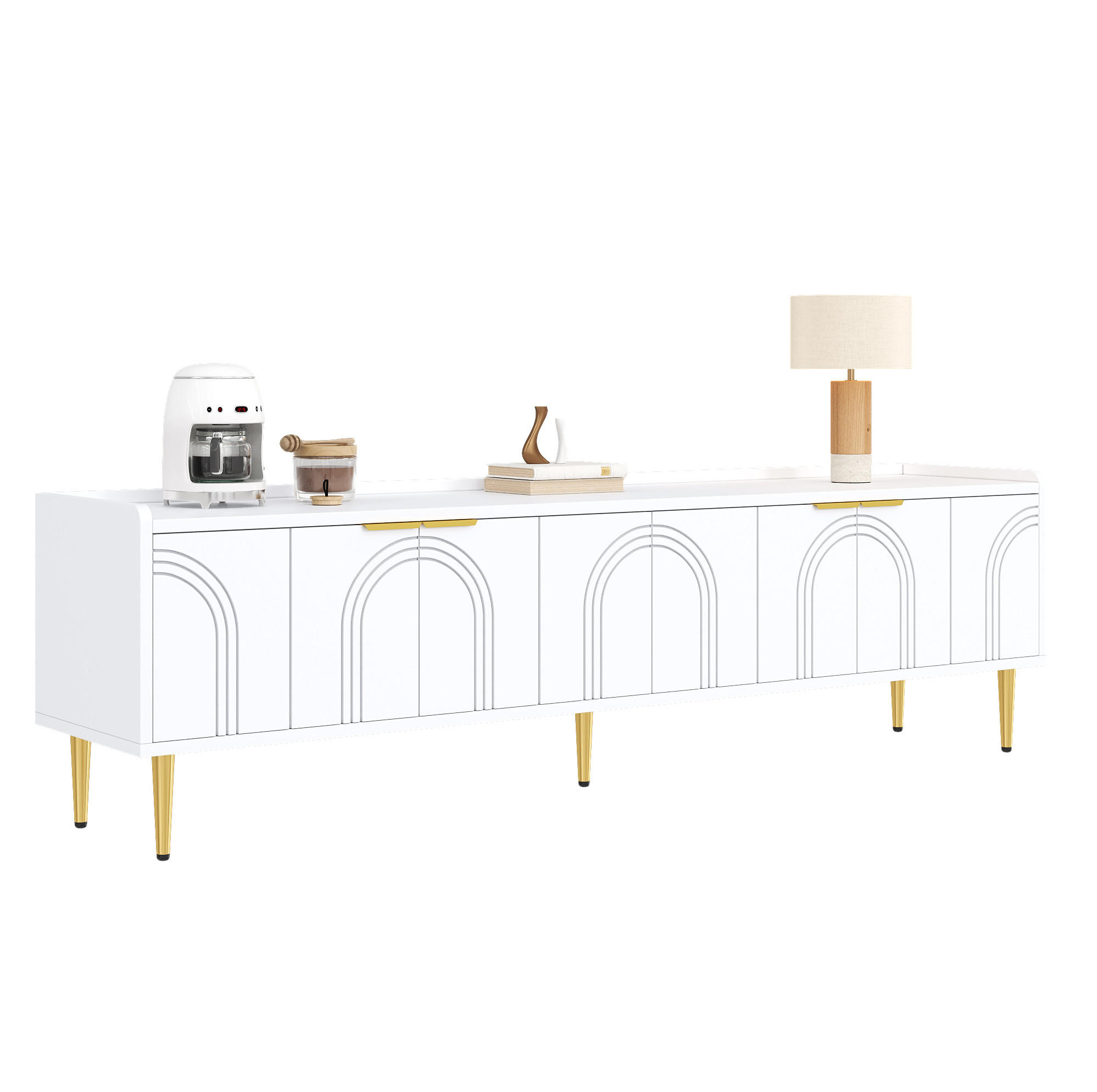 OKWISH TV stolek 170/35/47,5 cm bílý z MDF s kabelovým průchodem a zlatými detaily