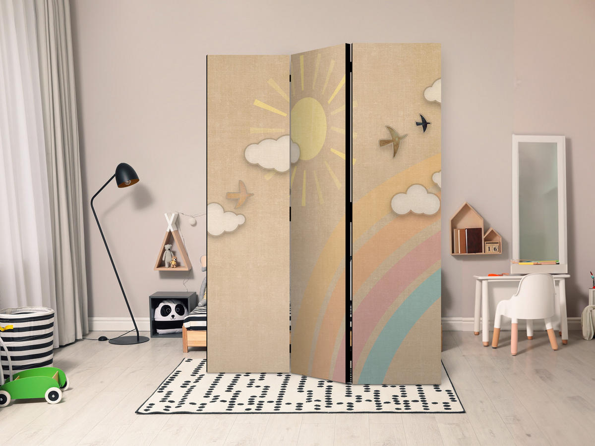PARAVENT Einseitig Bedruckter 3-tlg 135x172 cm Regenbogen Sonne Boho - Beige, Holz/Textil (135/172/3cm) - Muralo
