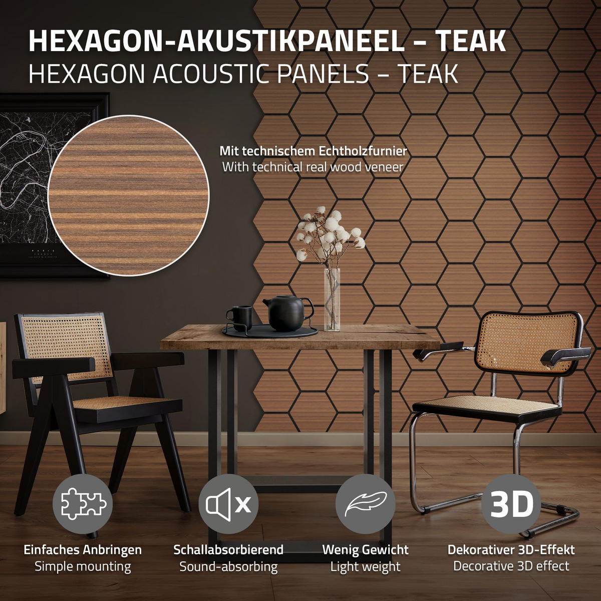 AKUSTIKPANEEL Echtholz 2er Set Teak Hexagon - Dunkelbraun, Holzwerkstoff (2.1/81.1/66.6cm) - ML-DESIGN
