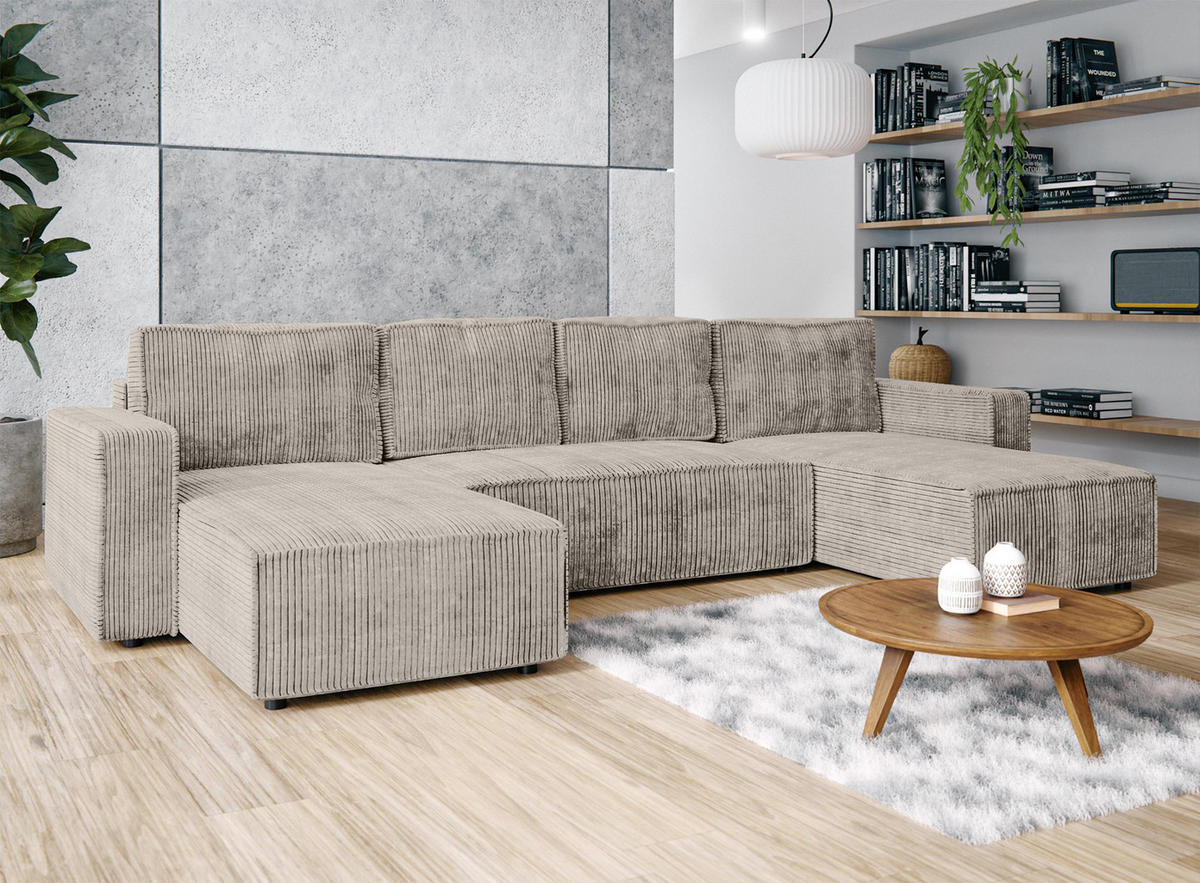 WOHNLANDSCHAFT Aydin U Form Beige 338/169/85 cm Cord mit Schlaffunktion - Beige/Schwarz, Kunststoff/Textil (338/85/169cm) - AX Living