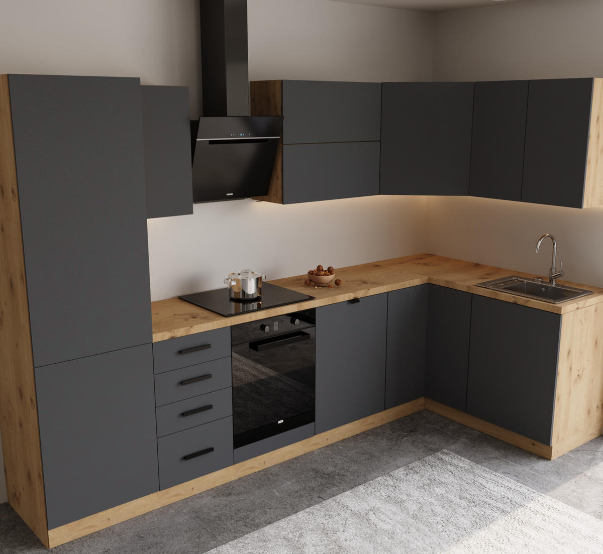 WINKELKÜCHE 300 cm x 140 cm- Langen KL6-M300 - in Grau/Matt - Schwarz/Grau, Holz/Holzwerkstoff (440/212/58cm)
