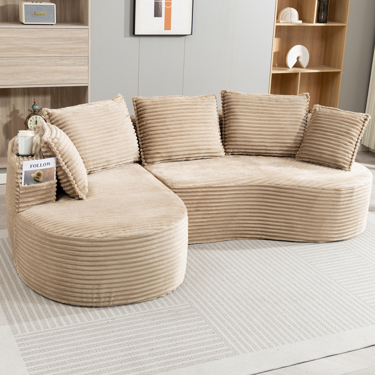 ECKSOFA Cord Khaki mit Becherhaltern, Seitentaschen und mit Kissen - Hellbraun, Textil (250/152cm) - WISHDOR