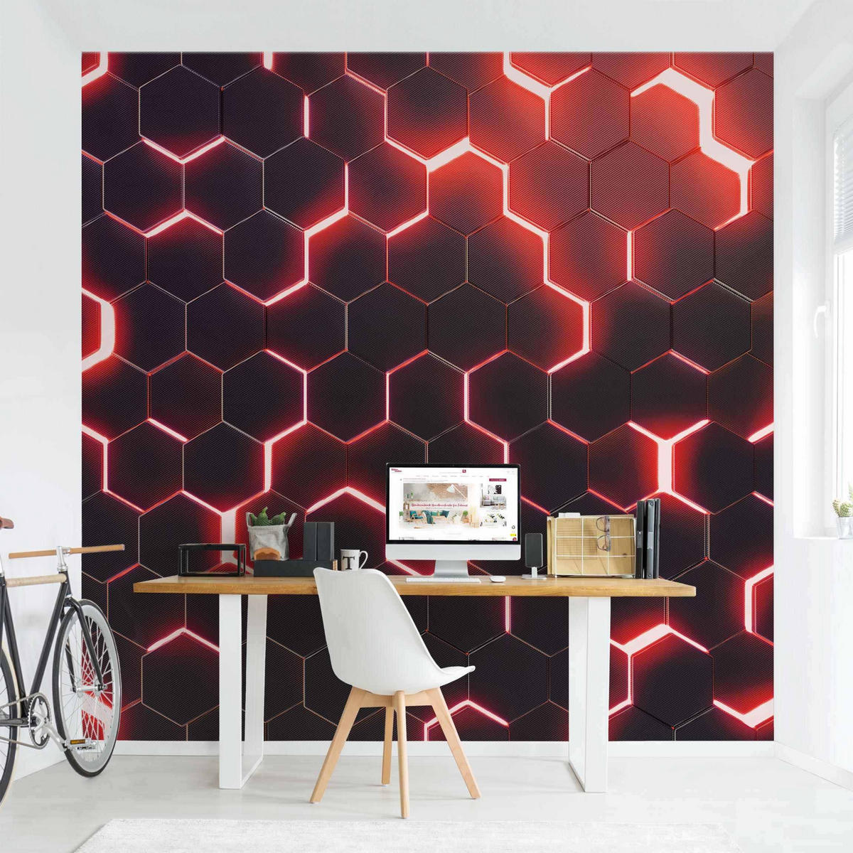 FOTOTAPETE Strukturierte Hexagone mit Neonlicht in Rot 240/240 cm - Schwarz, Papier (240/240cm) - Bilderwelten