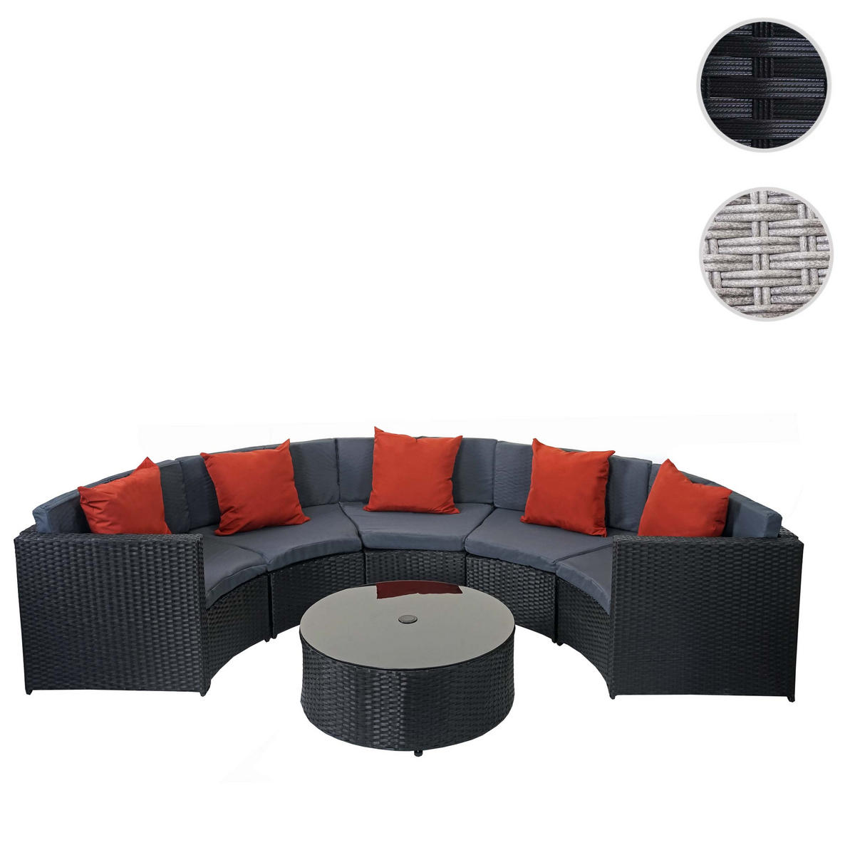 POLY-RATTAN GARNITUR RUND Schwarz, Anthrazit, Orange - Anthrazit/Schwarz, Kunststoff - MCW