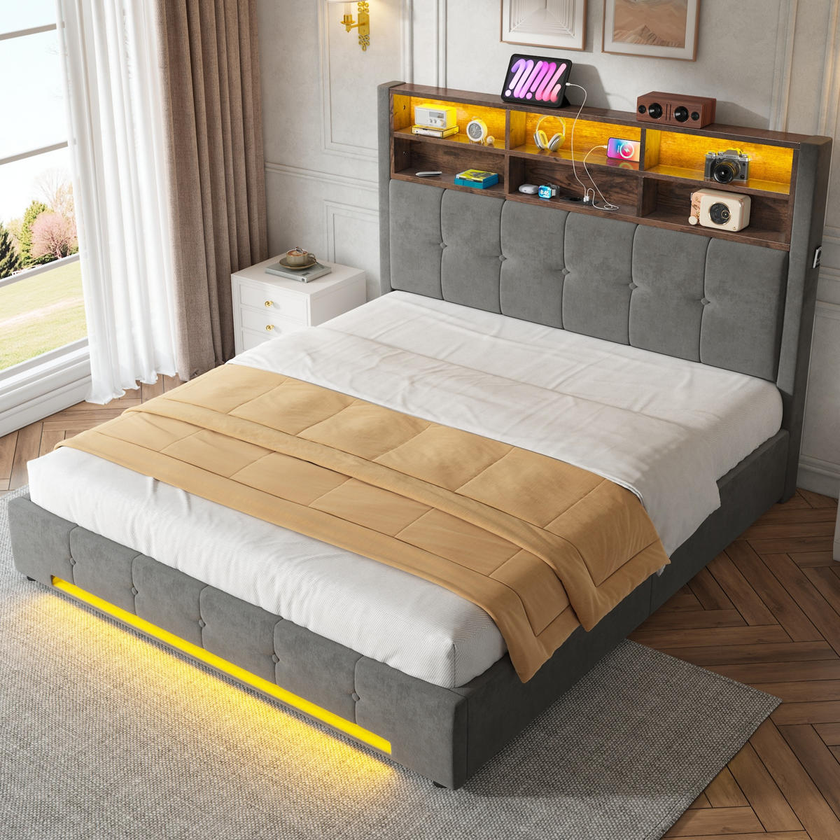 POLSTERBETT 160/200 cm Dunkelgrau mit 6 Fächer, Seitentaschen, USB-C und LED - Dunkelgrau, Textil (160/200cm) - Oxeza