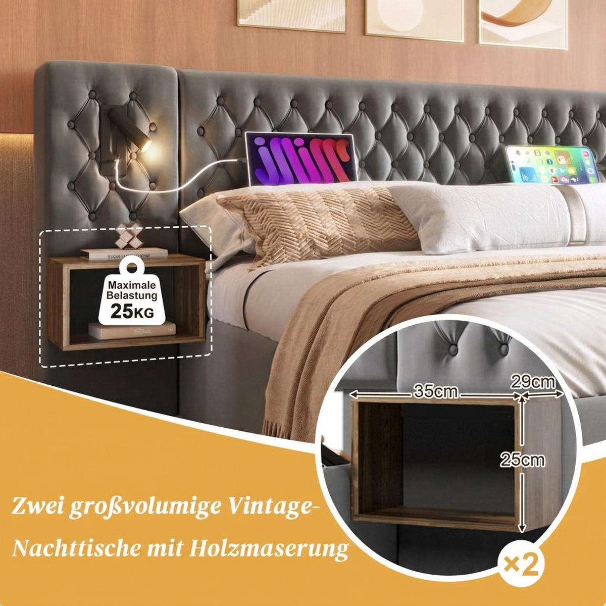 POLSTERBETT 160/200 cm Grau mit 2 Nachttischen und USB Ladefunktion (Ohne Matratze) - Grau, Textil (160/200cm) - Oxeza