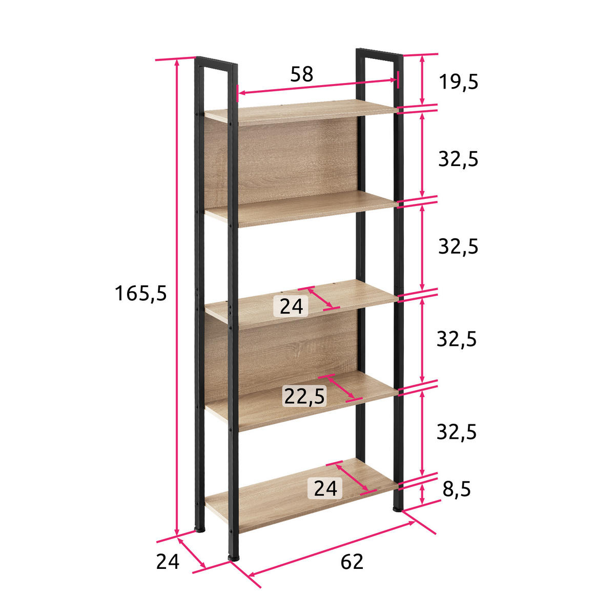 REGAL Westport,inklusive Kippschutz, 62 x 24 x 165,5 cm,Industrial Holz hell, Eiche Sonoma - Naturfarben, Holzwerkstoff (24/165.5/62cm) - tectake