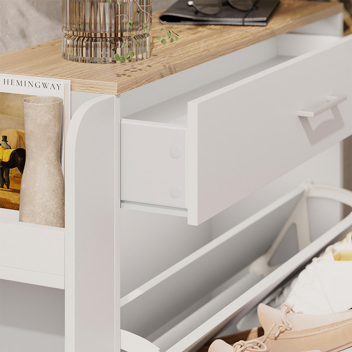 SCHUHSCHRANK Movino Weiß/Eiche 88.4 x 101.6 cm mit offenen und geschlossenen Fächern - Eichefarben/Weiß, Holzwerkstoff (88.4/101.6/23.6cm) - Vicco