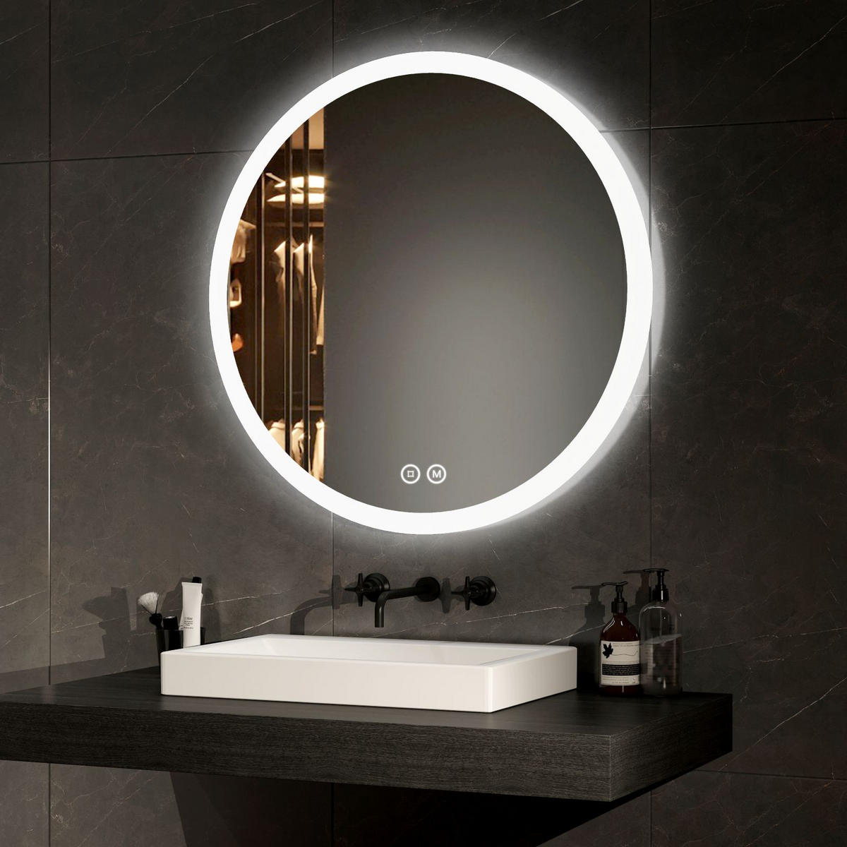 BADSPIEGEL mit Beleuchtung 3 Lichtfarben einstellbar beschlagfrei ф70 cm - Weiß, Glas (70/3.5/70cm) - EMKE