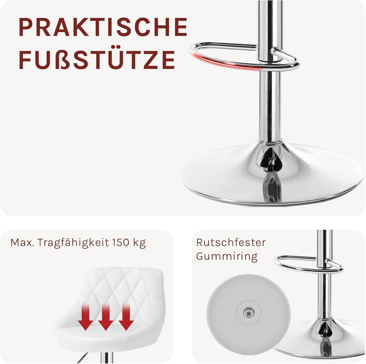 BARHOCKER, Kunstleder, Höhenverstellbar, 360° Drehbar - Weiß, Metall (47/104/39cm) - Woltu