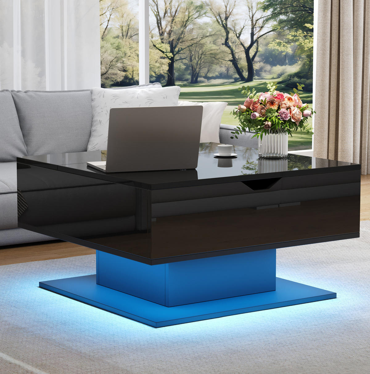 COUCHTISCH mit Ablage 80/75 cm höhenverstellbar mit LED-Beleuchtung in Schwarz - Schwarz, Holzwerkstoff (80/77/40cm) - BEAOK