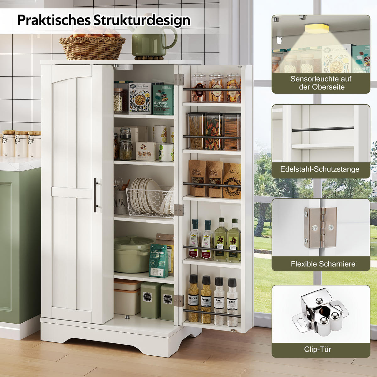 KÜCHENBUFFET mit LED-Beleuchtung und verstellbaren Einlegeböden, 60 x 40 x 120 cm, Weiß, MDF - Weiß, Holzwerkstoff (60/120/40cm) - SONNENH