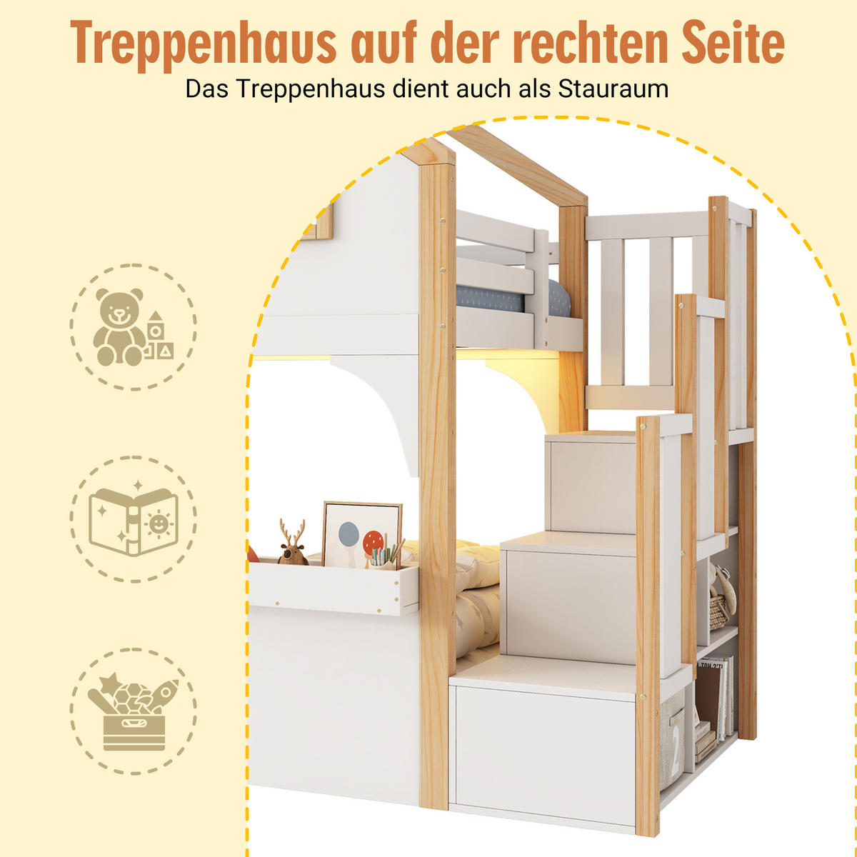 HOCHBETT aus Kiefer 90x200 cm Weiß mit LED, Stauraumtreppe und Fensterdetail - Weiß, Holzwerkstoff (90/200cm) - Modfu