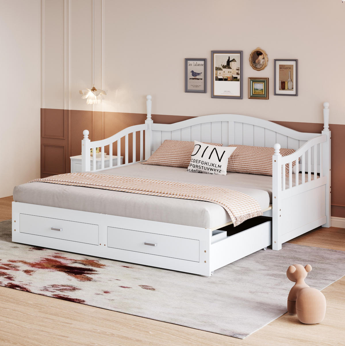 BETT Ausziehbares Schlafsofa 90/190 cm Weiß aus Massivholz mit Schubladen und Lattenrost - Weiß, Holzwerkstoff (90/190cm) - OKWISH