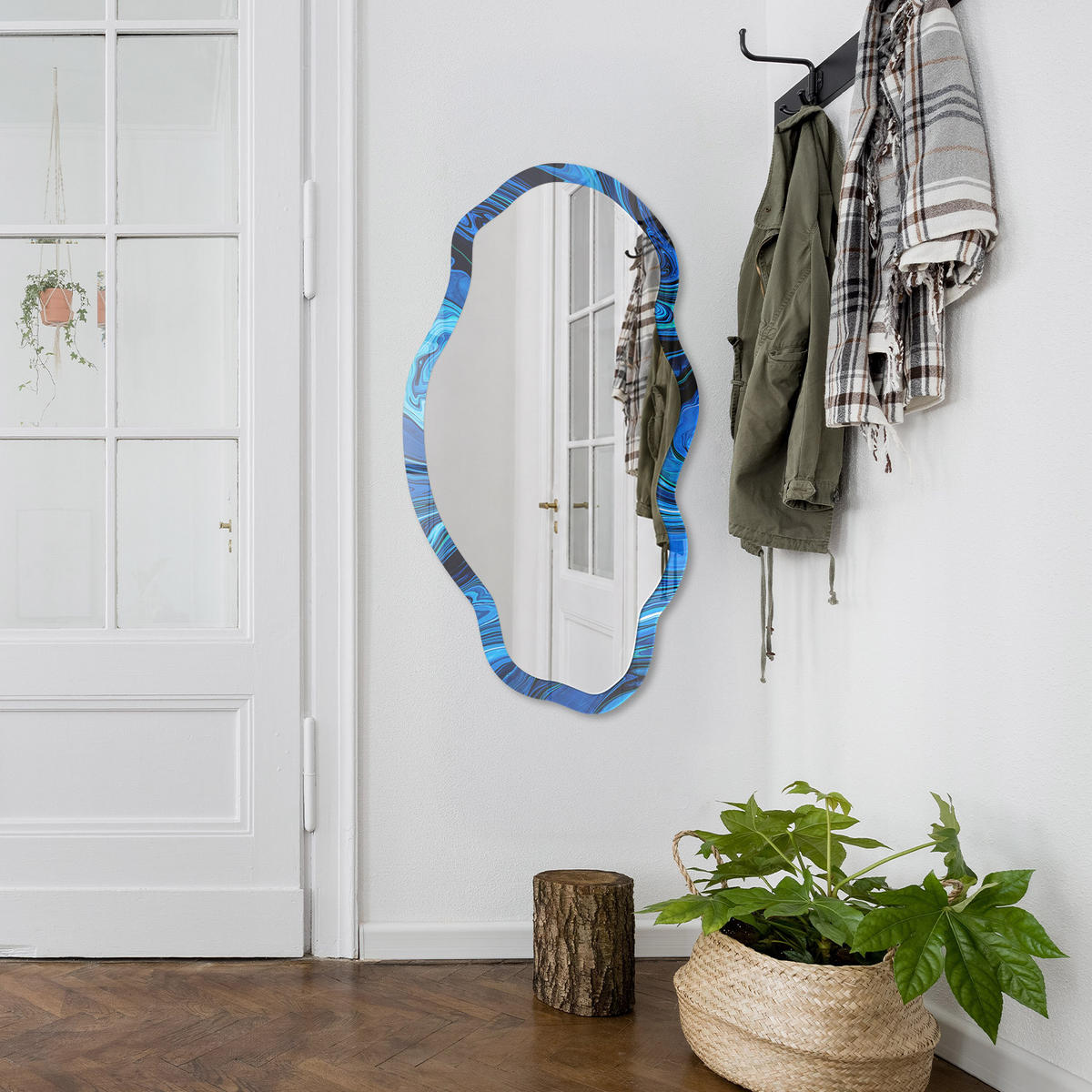 SPIEGEL 90x45 cm asymmetrisch mit Druck - Blaue Abstraktion - Transparent, Glas (45/90/0.4cm) - TULUP
