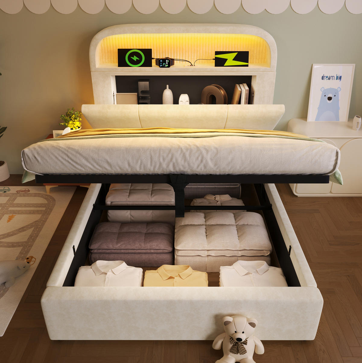 POLSTERBETT aus Samt 90x200 cm Beige mit Bettkasten, LED-Beleuchtung und USB/Type-C-Ladestation - Beige, Textil (90/200cm) - IVMEU