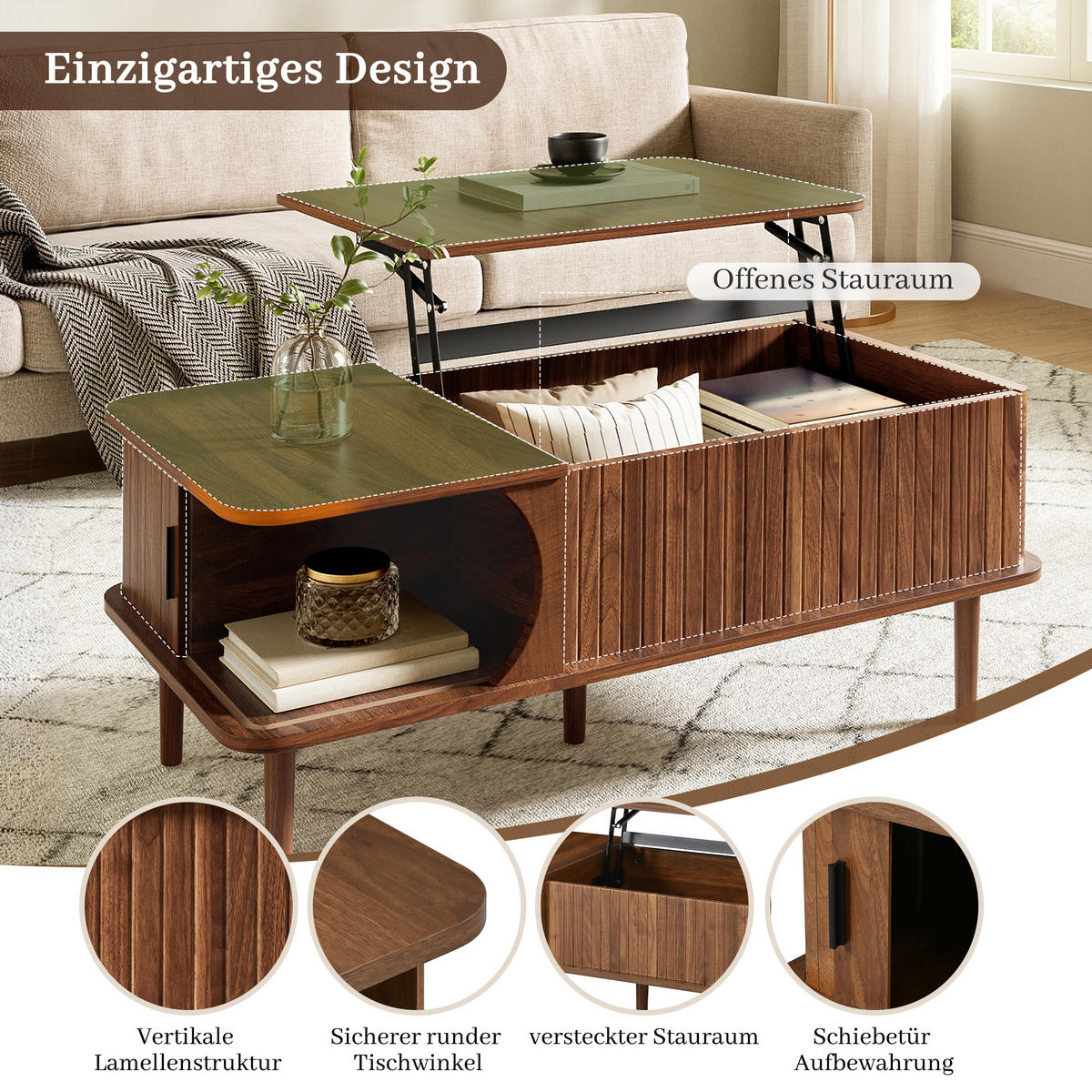 COUCHTISCH Retro Walnuss höhenverstellbar Rillen modern - Walnussfarben, Holzwerkstoff (100/48/55.5cm) - FLIEKS