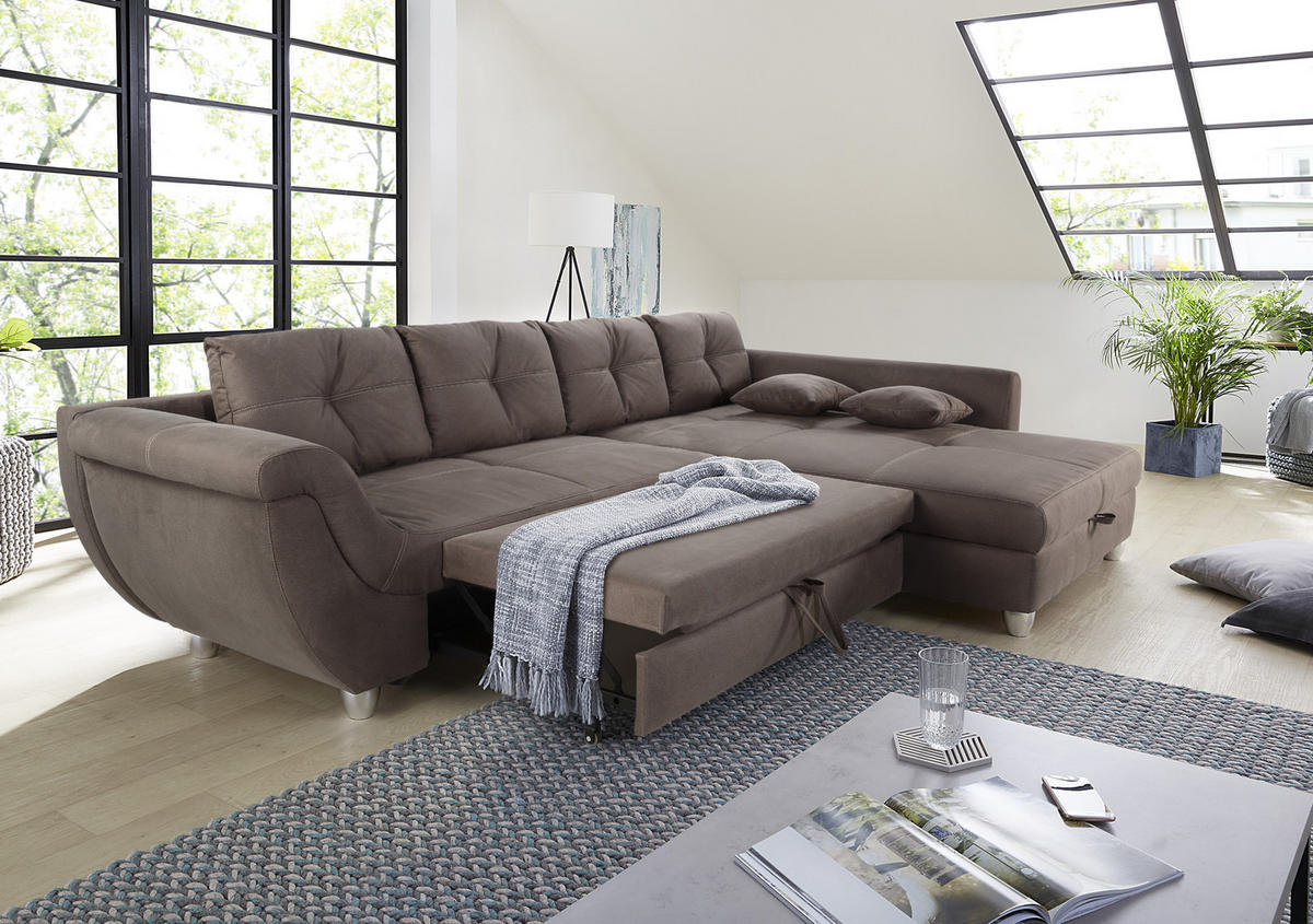 ECKSOFA mit Schlaffunktion und großem Bettkasten, seitenverkehrt montierbar B330/T207/H90 cm, Liegefl. 153x270 cm, Mikrofaser Braun / 15231 - Chromfarben/Braun, Kunststoff/Textil (330/207cm) - luma-home