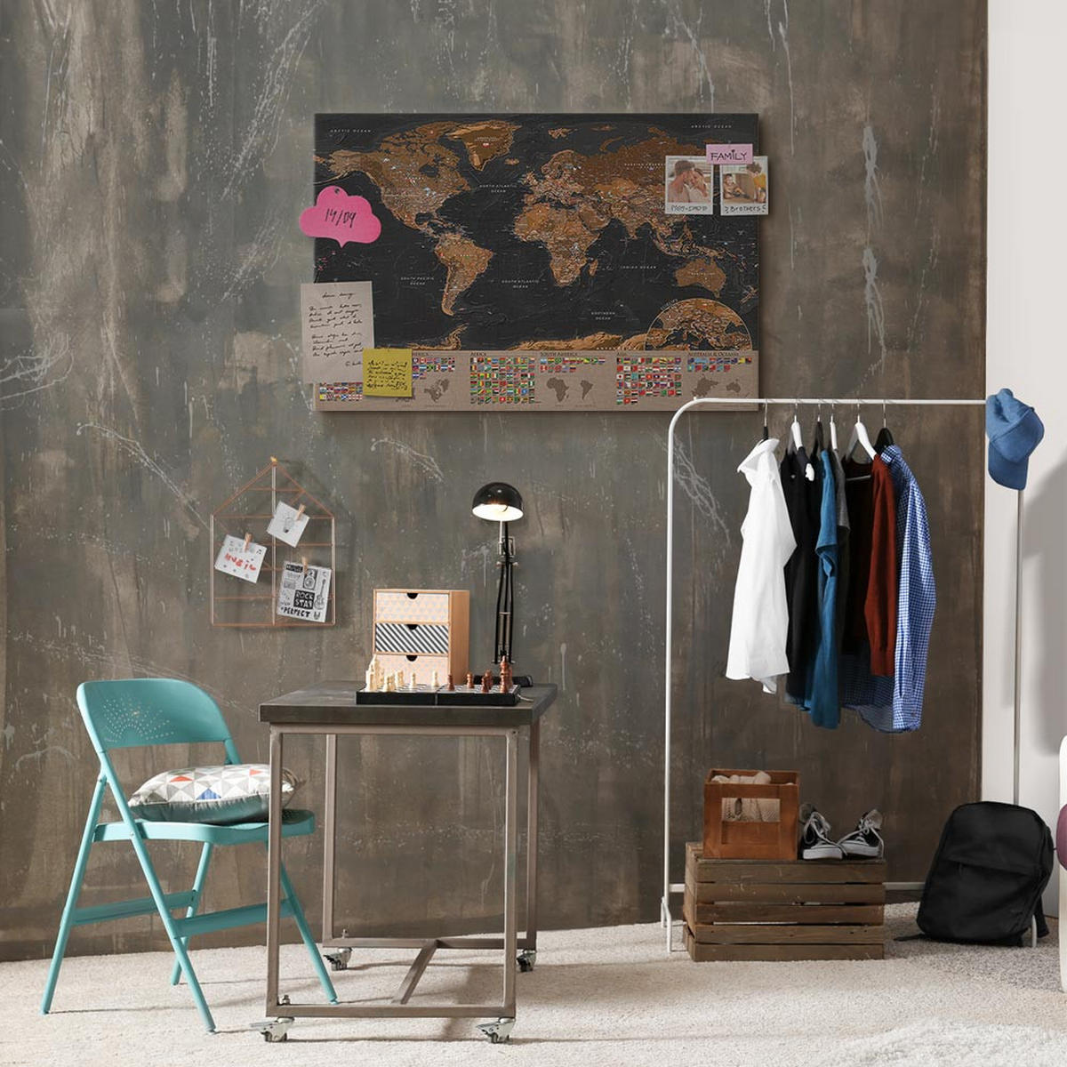 PINNWANDTAFEL Vintage Weltkarte Braun mit Flaggen 90x60 cm - Braun, Holz (90/60cm) - artgeist