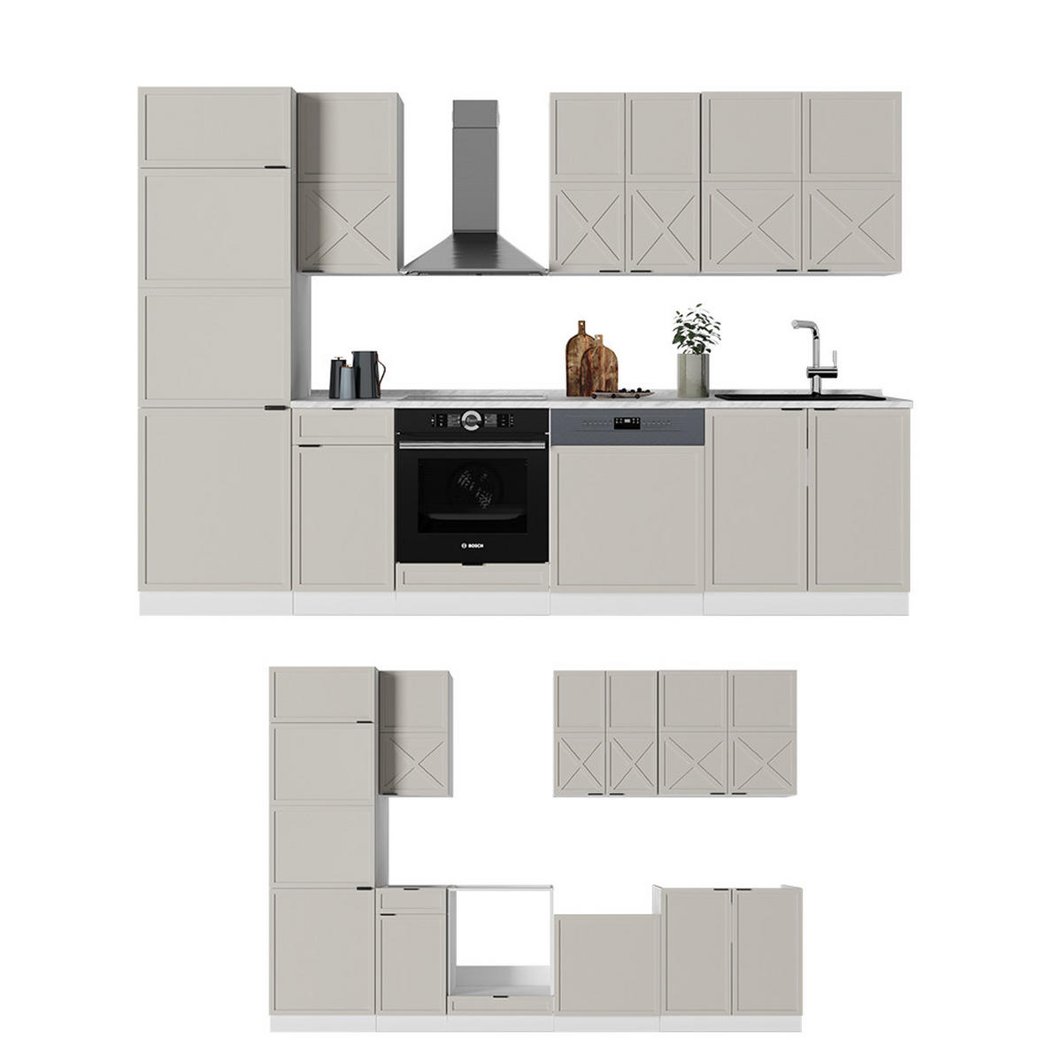KÜCHENZEILE Fame-Line GrauBeige/Weiß 300 cm ohne AP - Weiß/Grau, Holzwerkstoff (300/81.6/46cm) - Vicco